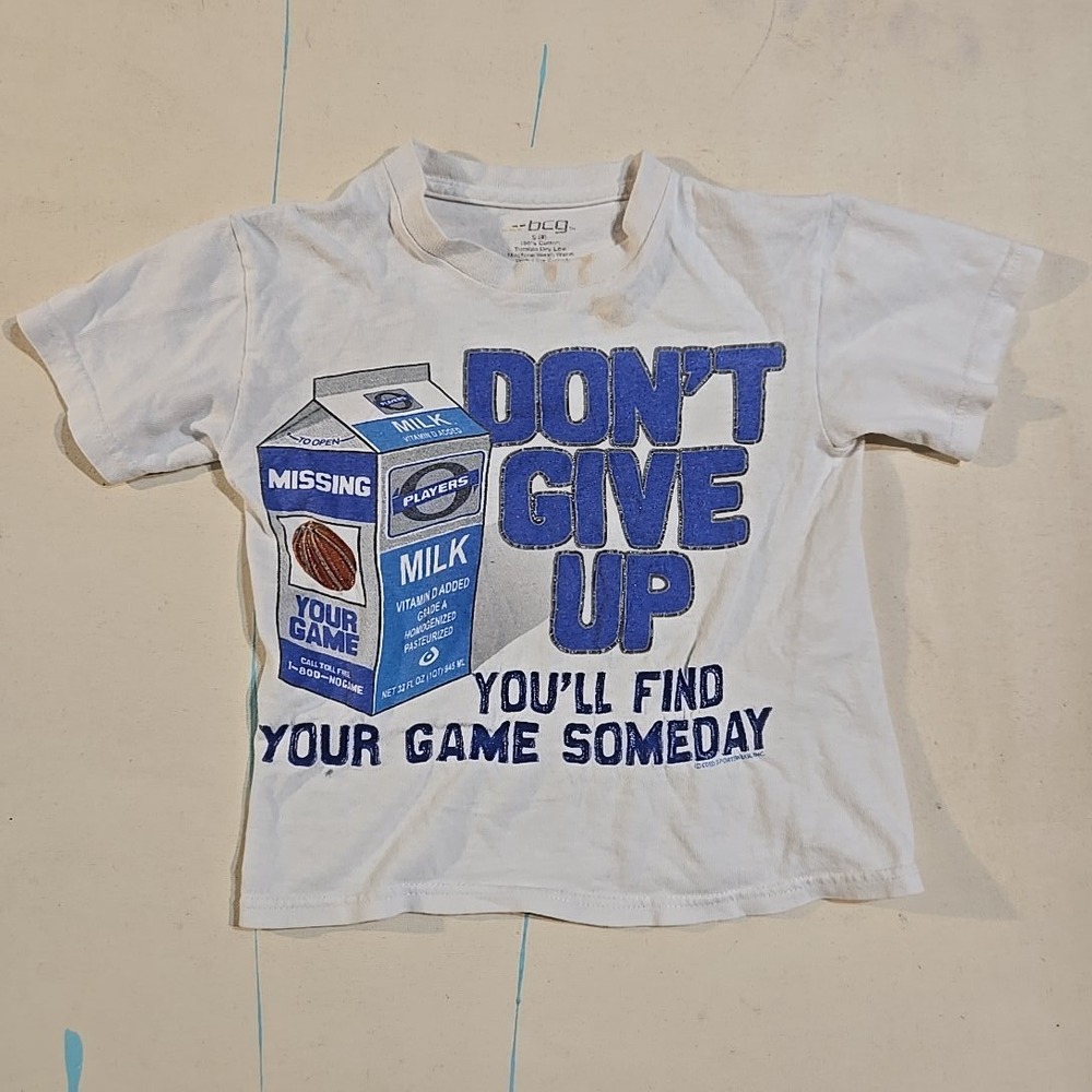 VTG BCG Youth S Basketball T-shirt White Blue Don't Give Up Milk Carton 13x15"